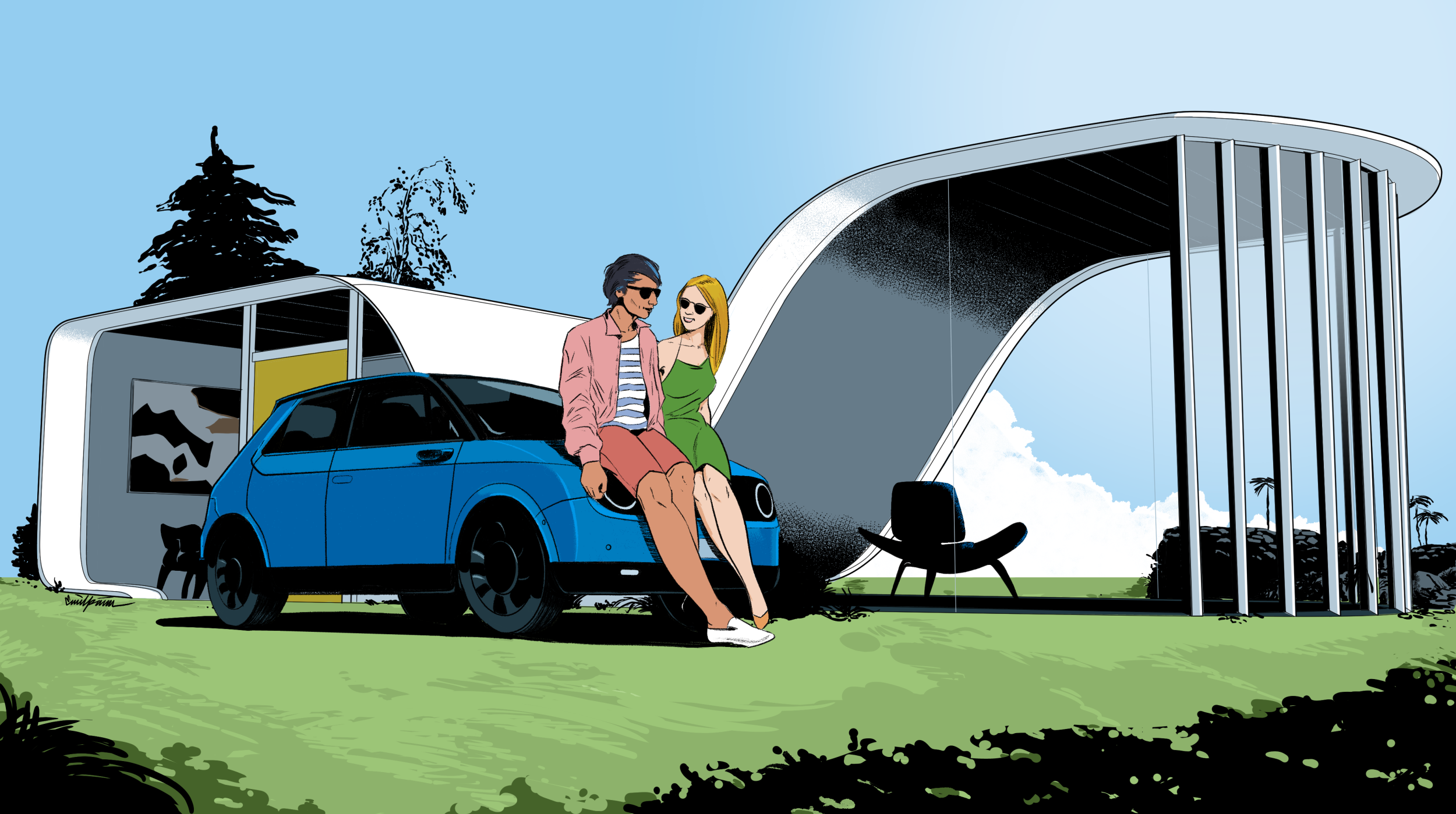 Bright summer day. Young couple having a conversation while leaning against the hood of a an electric car. The car is parked on the grass in front of a modern home. The house has a modern, futuristic shape. There are a couple of mid century furniture armchairs and a large canvas in one of the rooms. Through the glazing you can see the back garden featuring planting and a rock wall.